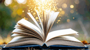 An image of a book opened with sparkles in the background.